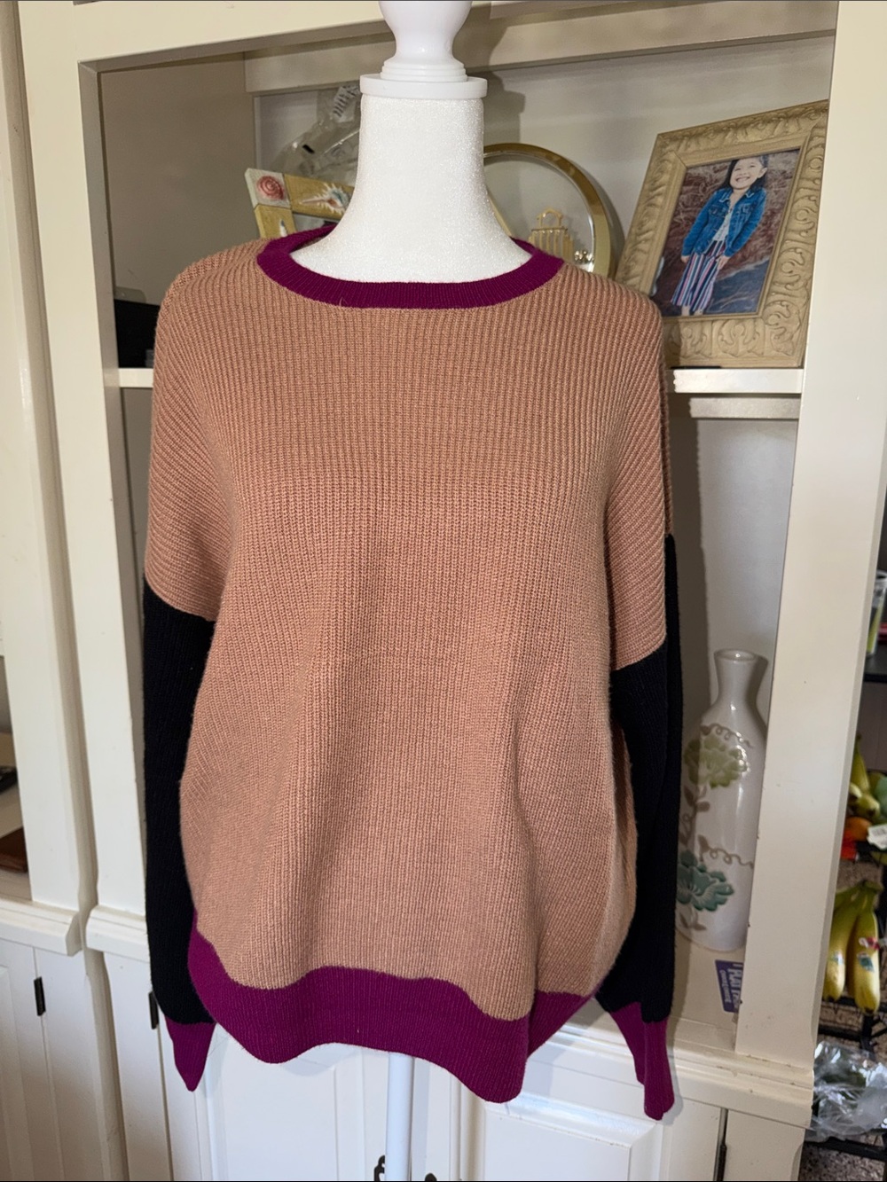 Express Colorblock Crewneck Sweater in Dusty Rose, Black & Plum